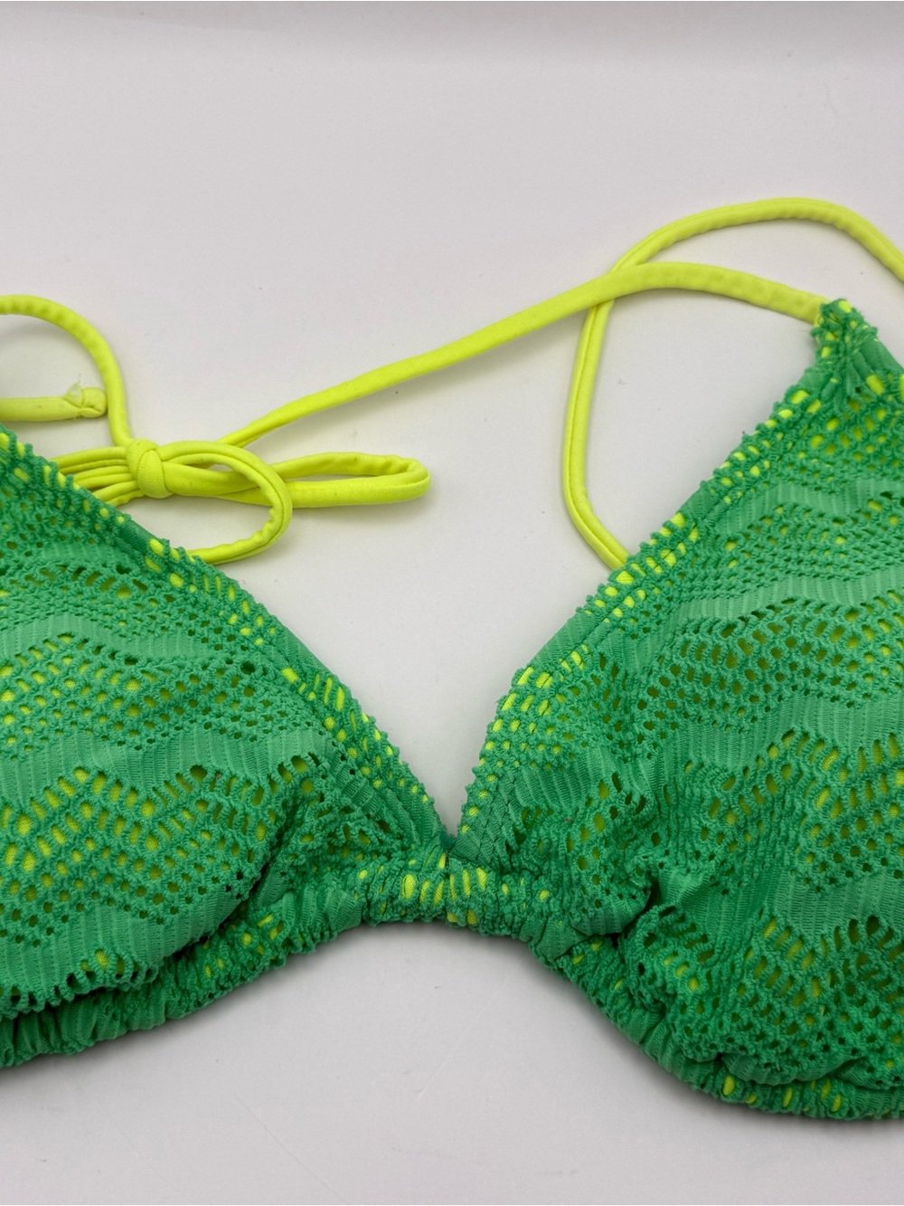 Neon Green Crochet Bikini Top XL Juniors Swimsuit Triangle String Tie Beach